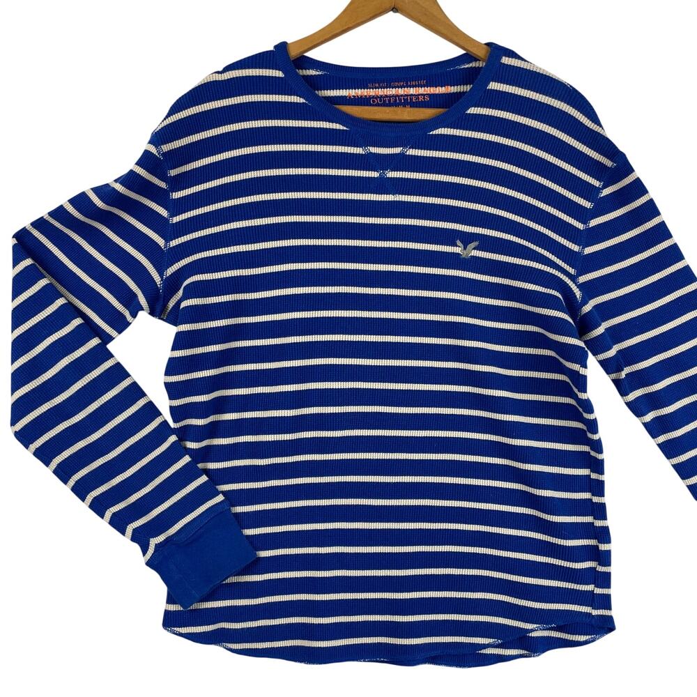 American Eagle Outfitters VINTAGE Mens Thermal Shirt M Blue Striped Waffle EUC